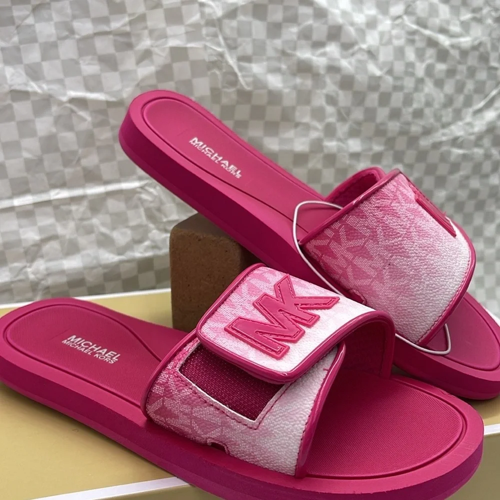 MICHAEL KORS Palmer Ombré Signature Logo Slide Sandal Dragonfruit NWT